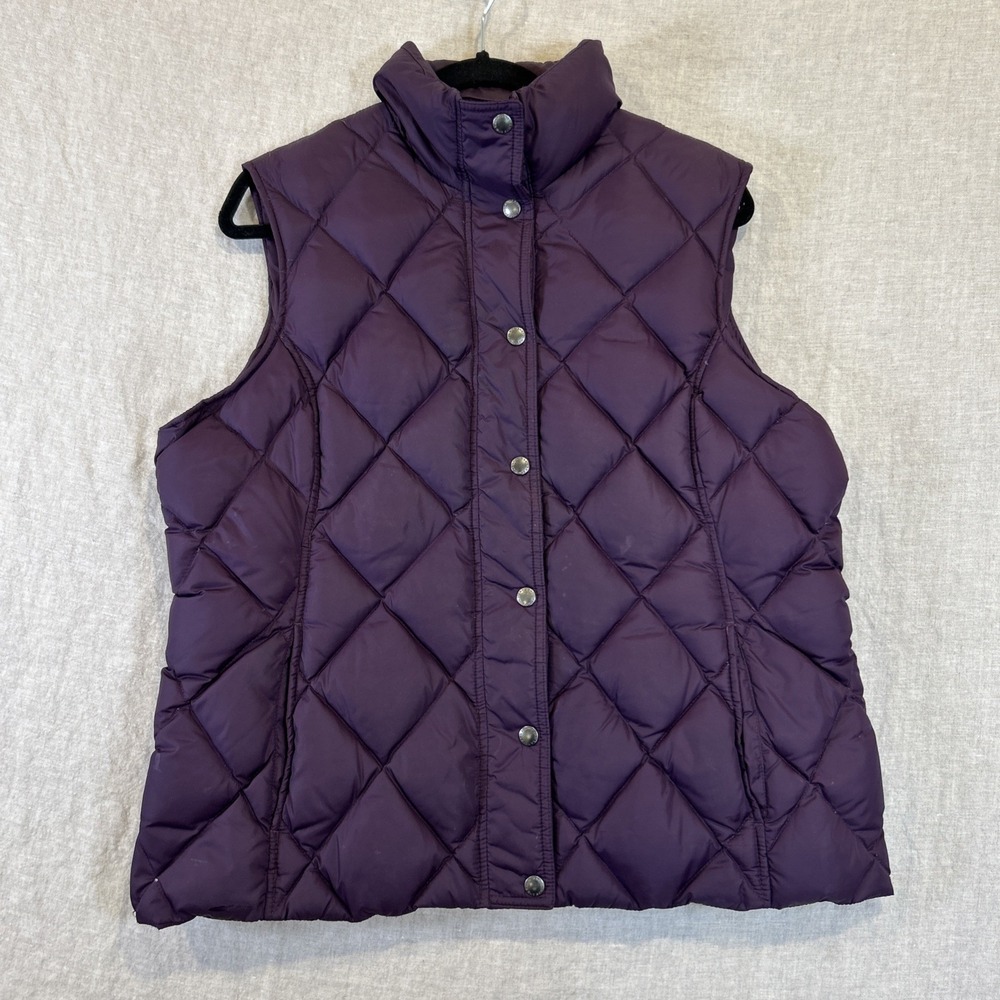 Lands' End Women's Puffer Jacket Vest Purple Snap Button, Down Feathers, Large